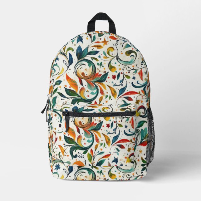 Vintage-Inspired Colourful Paisley Leaf Pattern Printed Backpack (Front)