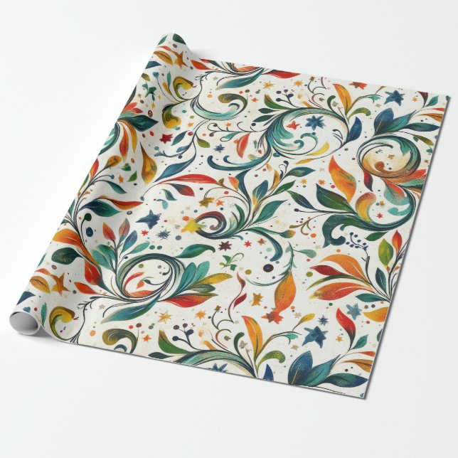 Vintage-Inspired Colourful Paisley Leaf Pattern Wrapping Paper (Unrolled)