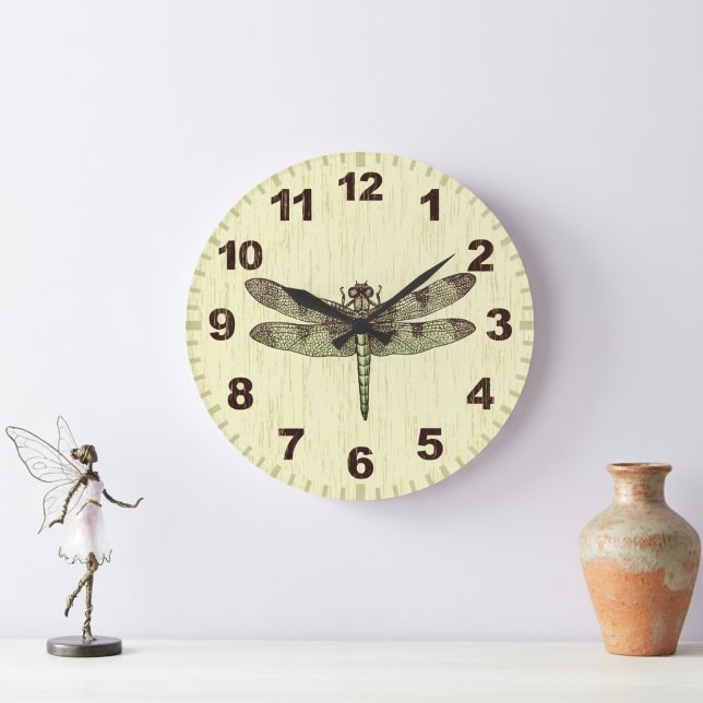 Vintage Inspired Dragonfly Art Wall Clock (Dragonfly wall clock for a stylish home.)