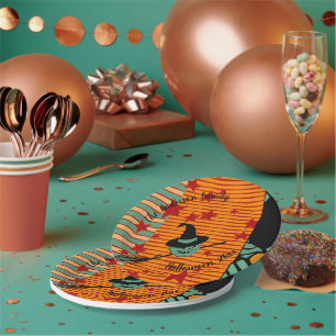 Vintage-Inspired Dusty Teal Retro Pumpkin & Witch Paper Plate