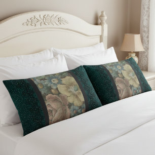 Vintage Inspired Floral Burlap and Dark Teal Pillowcase
