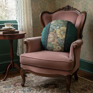Vintage Inspired Floral Burlap and Dark Teal Round Cushion
