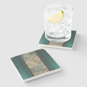 Vintage Inspired Floral Burlap and Dark Teal Stone Coaster