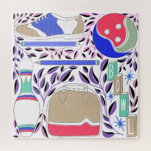 Vintage Inspired Folk Art Bowling Pin and Bag Jigsaw Puzzle