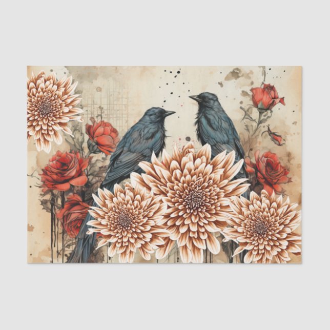 Vintage Inspired Gothic Red Roses Raven Tissue Paper (Front)