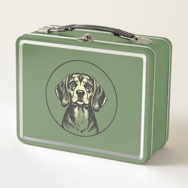 Vintage-Inspired Green Metal Lunchbox with Dog Des (Front)