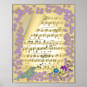Vintage Inspired Music Bird Floral Poster Print