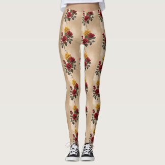 Vintage Inspired Red And Yellow Roses Leggings