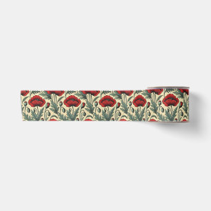 Vintage-Inspired Red Poppies Pattern Satin Ribbon