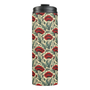 Vintage-Inspired Red Poppies Pattern Thermal Tumbler