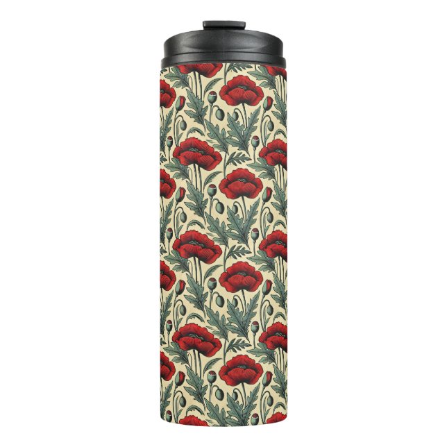 Vintage-Inspired Red Poppies Pattern Thermal Tumbler (Front)