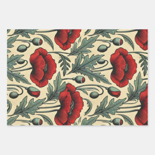 Vintage-Inspired Red Poppies Pattern Wrapping Paper Sheet