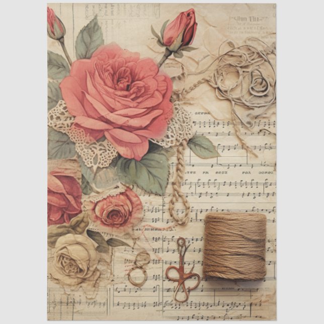 Vintage Inspired Red Rose & String Tissue Paper (Front)