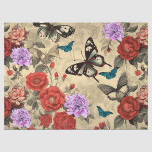 Vintage Inspired Red Roses & Butterflies Tissue Paper