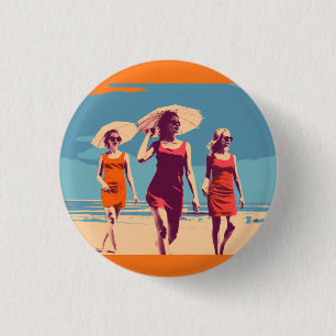 Vintage inspired, retro beach scene 3 cm round badge