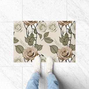 Vintage Inspired Sepia Roses With Green Leaves Doormat