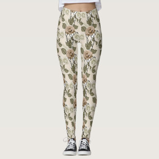Vintage Inspired Sepia Roses With Green Leaves Leggings