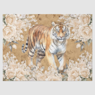 Vintage Inspired Tiger & White Roses Decoupage Tissue Paper