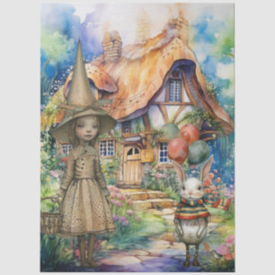 Vintage Inspired Whimsical Girl, Rabbit & Cottage Tissue Paper