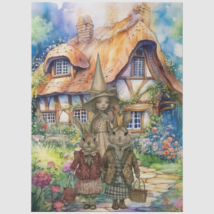 Vintage Inspired Whimsical Girl, Rabbit & Cottage  Tissue Paper