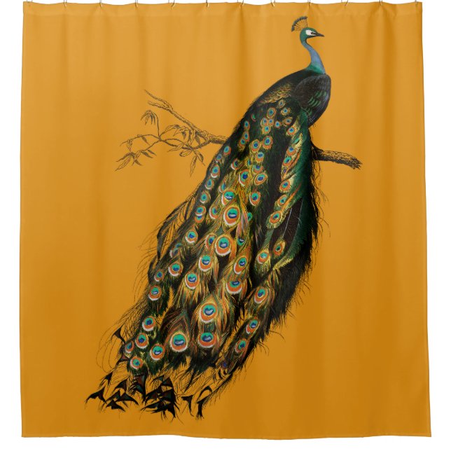 Vintage Intricate Peacock Mustard Yellow Shower Curtain (Front)