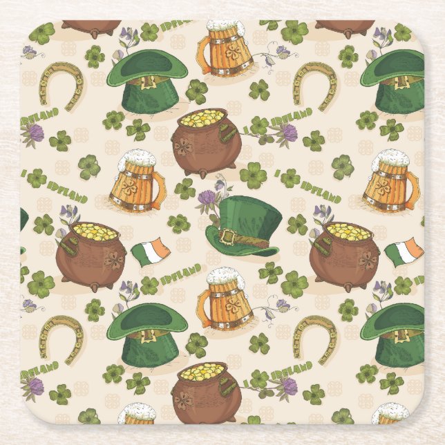 Vintage Ireland Icon Pattern Square Paper Coaster (Front)