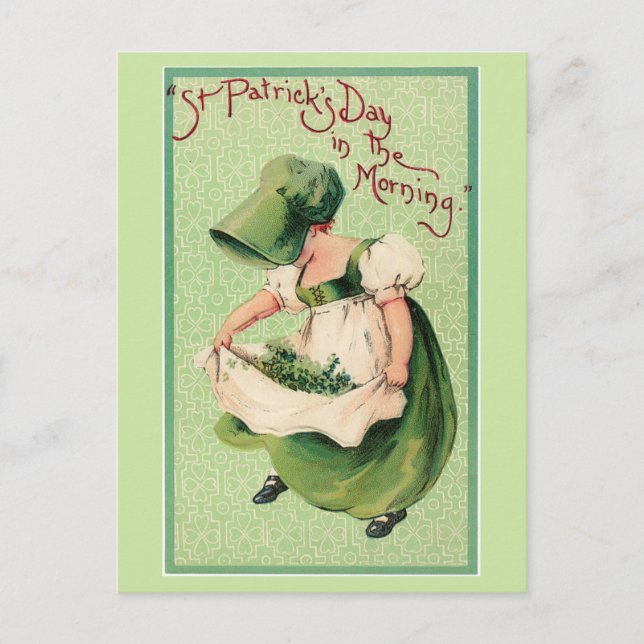 Vintage Irish Girl Collecting Shamrocks Postcard (Front)