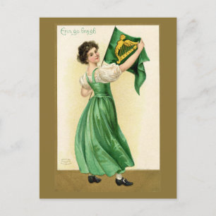 Vintage Irish Girl Erin Go Bragh Flag Holiday Postcard