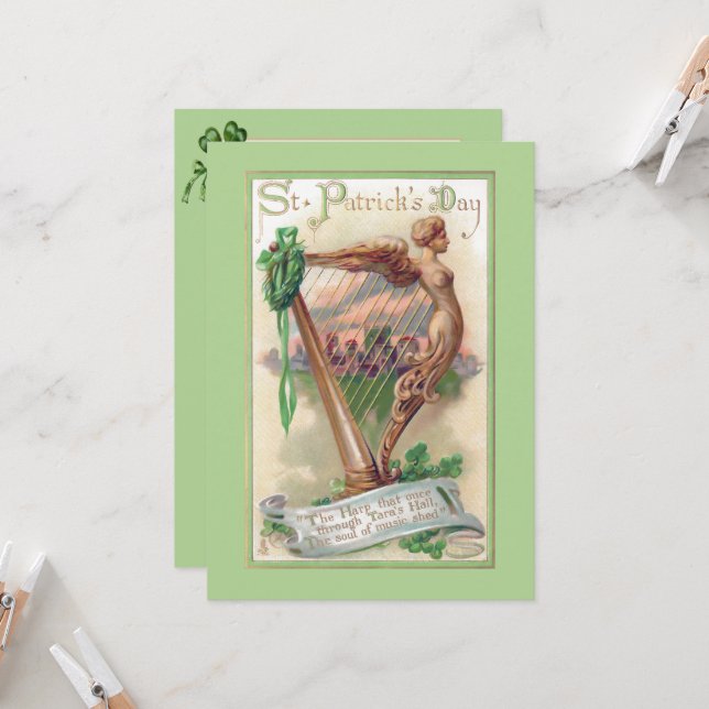 Vintage Irish Harp St. Patrick's Day Card (Front/Back In Situ)