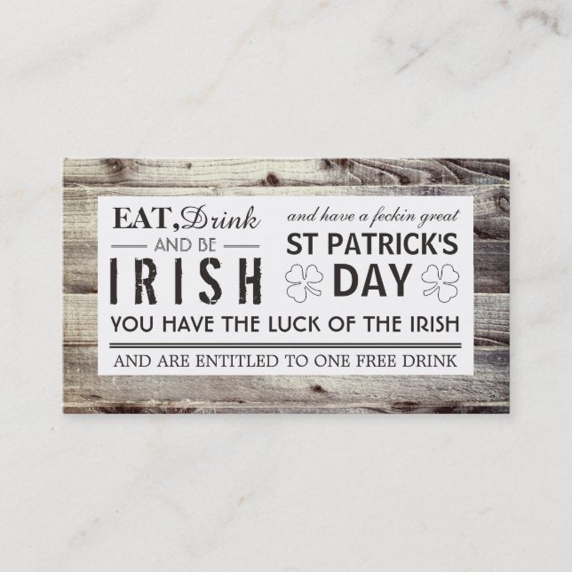 Vintage Irish Wood St Patrick's Day Drink Ticket (Front)