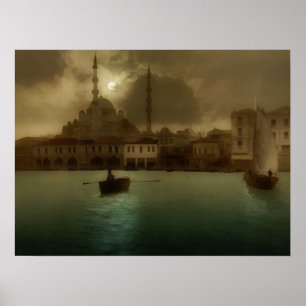 Vintage Istanbul in moon light -painting Poster