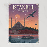 Vintage Istanbul Turkey Sunset Postcard<br><div class="desc">This postcard features a beautiful vintage-style illustration of Istanbul, Turkey, at what appears to be sunset or dusk. It depicts a grand mosque with multiple minarets, a boat on the water, and seagulls soaring through the sky. The warm hues of the sun and clouds create a serene atmosphere, and "ISTANBUL...</div>