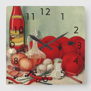 Vintage Italian Food Tomato Onions Peppers Catsup Square Wall Clock