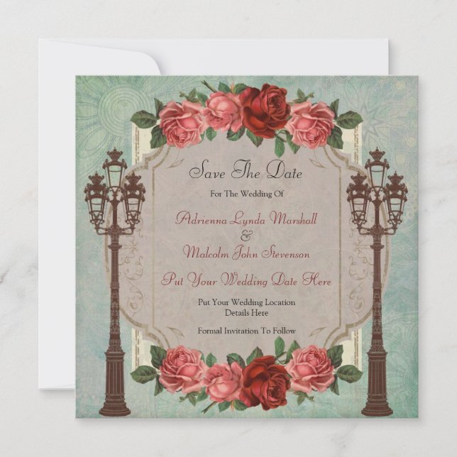 Vintage Italian Street Lamps & Roses Save The Date (Front)