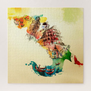 Vintage Italy Map City Travel Love Watercolor Jigsaw Puzzle