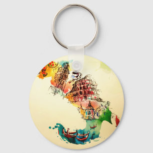 Vintage Italy Map City Travel Love Watercolor Key Ring