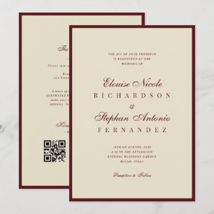 Vintage Ivory Burgundy QR Code Old Money Wedding Invitation