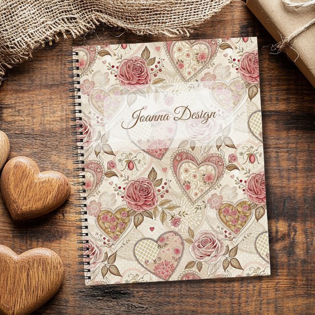 Vintage Ivory Burgundy Rose Heart Personalized Notebook (Creator Uploaded)