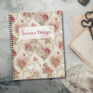 Vintage Ivory Burgundy Rose Heart Personalized Notebook
