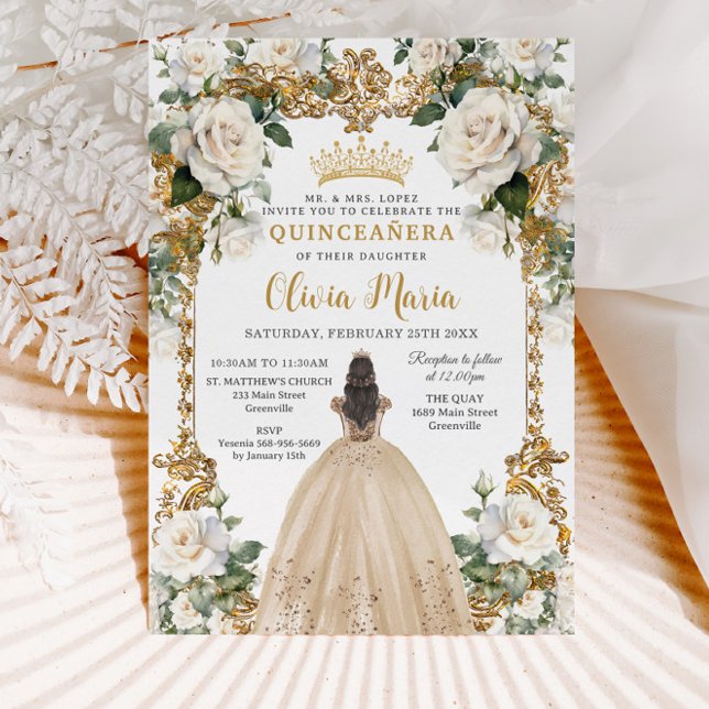 Vintage Ivory Champagne Floral Dress Quinceanera Invitation (Creator Uploaded)