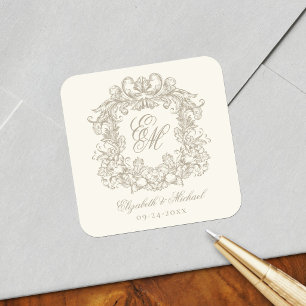 Vintage Ivory Elegant Wedding Monogram Crest Square Sticker