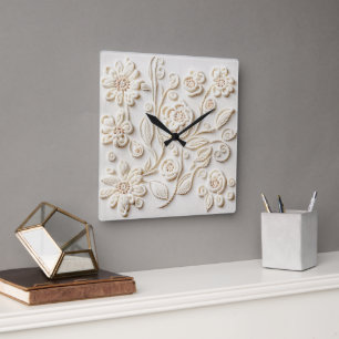 Vintage Ivory Embroidered Floral Design Square Wall Clock