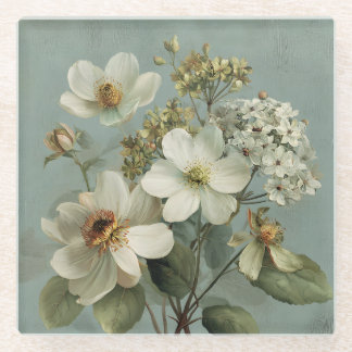 Vintage Ivory Floral Sage Green Glass Coaster