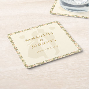 Vintage Ivory Floral Wedding Square Paper Coaster