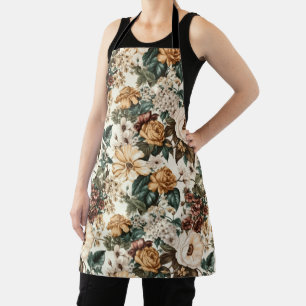 Vintage Ivory Flowers, Multicolored Roses Pattern Apron