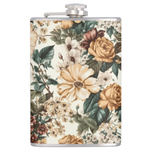 Vintage Ivory Flowers, Multicolored Roses Pattern Hip Flask