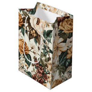 Vintage Ivory Flowers, Multicolored Roses Pattern Medium Gift Bag