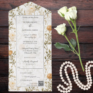 Vintage Ivory & Gold Roses QR Code  All In One Invitation