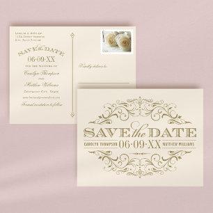 Vintage Ivory Gold Scrollwork Save the Date Announcement Postcard
