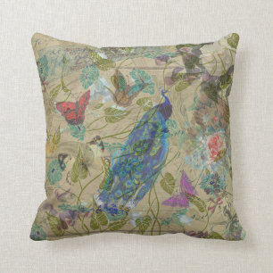 Vintage Ivory Green Blue Pink Peacock Collage Cushion